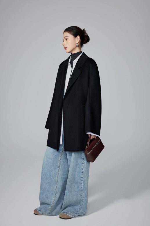 Women's Black Mid - length Robe - style Double - faced Wool Coat | Petite - Friendly, High - end Elegance - 幽兹