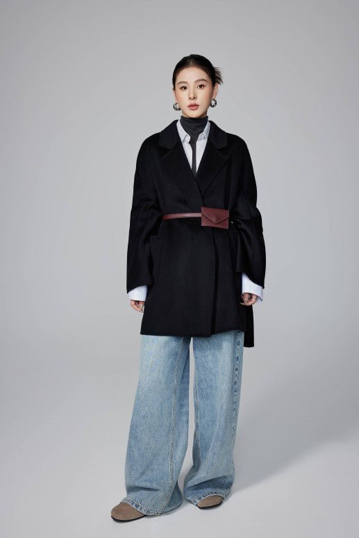 Women's Black Mid - length Robe - style Double - faced Wool Coat | Petite - Friendly, High - end Elegance - 幽兹