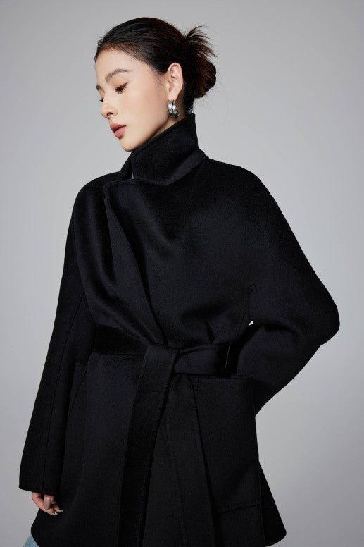 Women's Black Mid - length Robe - style Double - faced Wool Coat | Petite - Friendly, High - end Elegance - 幽兹