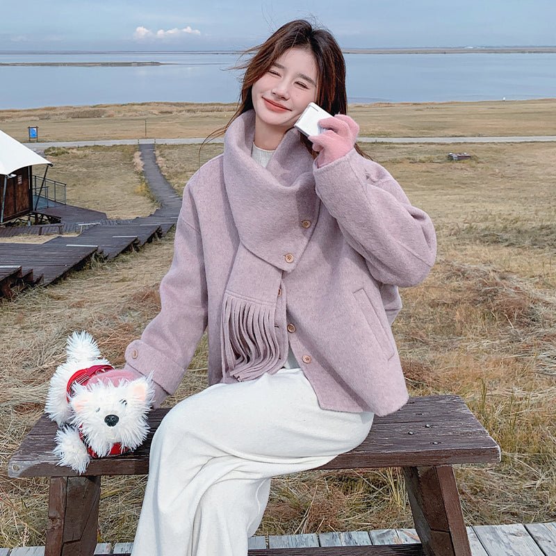 Autumn and Winter New Double - sided Cashmere Coat for Women, Short - length with Detachable Scarf, Woolen Jacket - 幽兹
