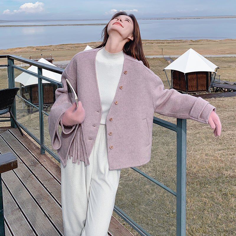 Autumn and Winter New Double - sided Cashmere Coat for Women, Short - length with Detachable Scarf, Woolen Jacket - 幽兹
