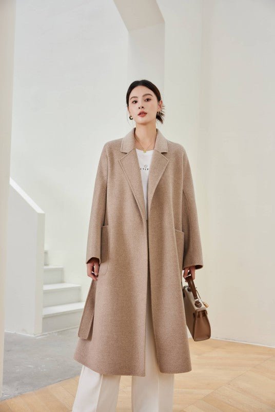Women's Oat M Labbro Robe - Style Double - faced Cashmere Coat | Long Belted Woolen Jacket - 幽兹