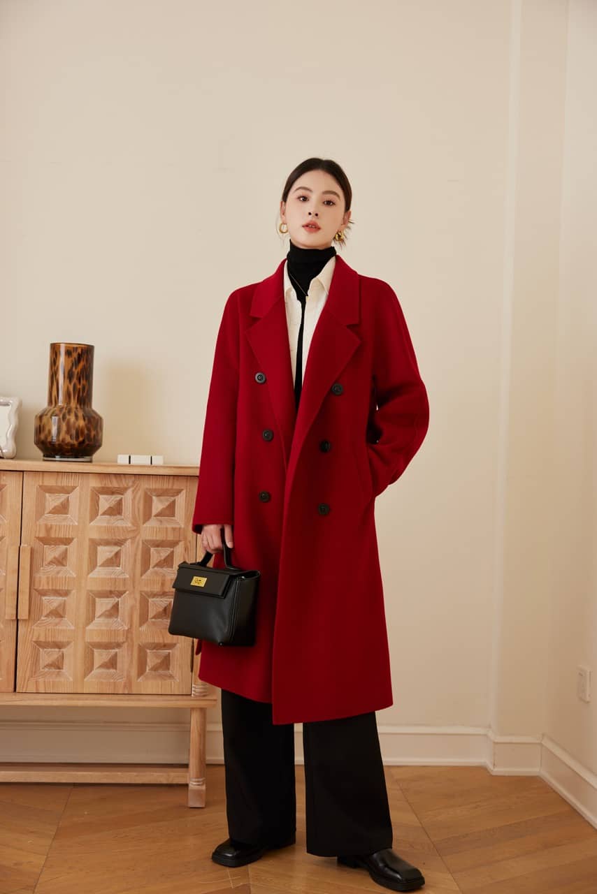 Max801 Red Double - faced Cashmere Coat | Autumn/Winter Long Double - breasted Woolen Jacket - 幽兹