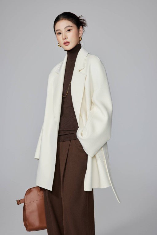 Women's White Mid - length Robe - style Double - faced Wool Coat | Petite - Friendly, High - end Elegance - 幽兹