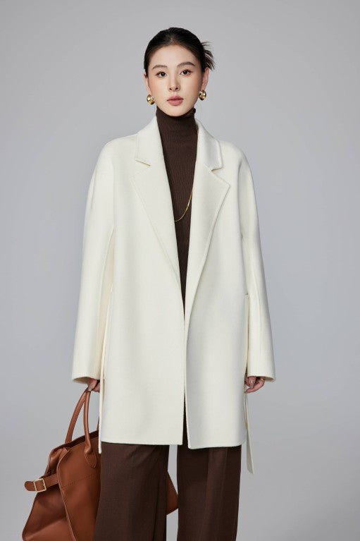 Women's White Mid - length Robe - style Double - faced Wool Coat | Petite - Friendly, High - end Elegance - 幽兹