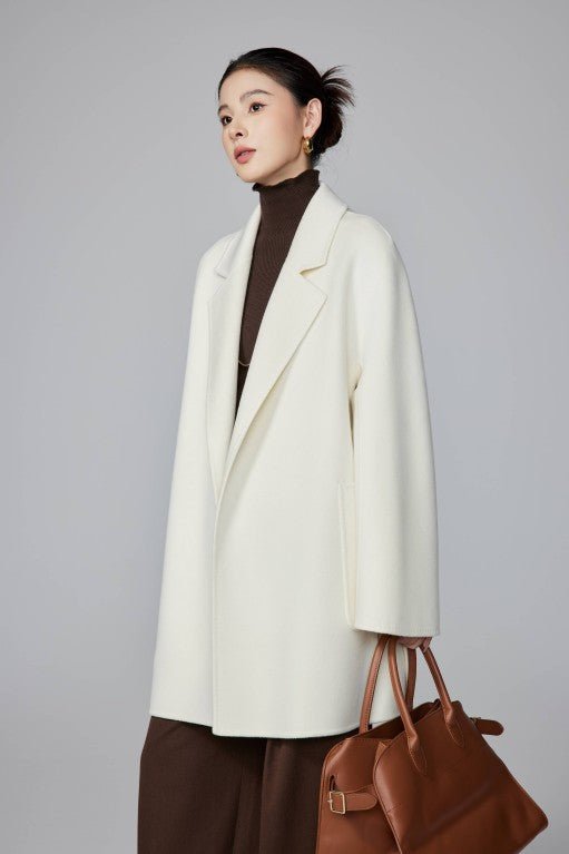 Women's White Mid - length Robe - style Double - faced Wool Coat | Petite - Friendly, High - end Elegance - 幽兹