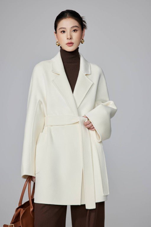 Women's White Mid - length Robe - style Double - faced Wool Coat | Petite - Friendly, High - end Elegance - 幽兹