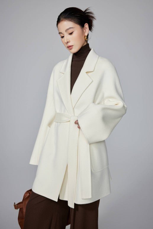 Women's White Mid - length Robe - style Double - faced Wool Coat | Petite - Friendly, High - end Elegance - 幽兹