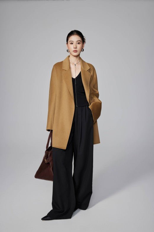 Women's Camel Mid - length Robe - style Double - faced Wool Coat | Petite - Friendly, High - end Elegance - 幽兹
