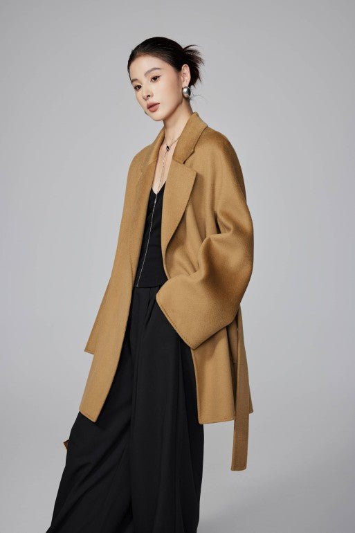Women's Camel Mid - length Robe - style Double - faced Wool Coat | Petite - Friendly, High - end Elegance - 幽兹