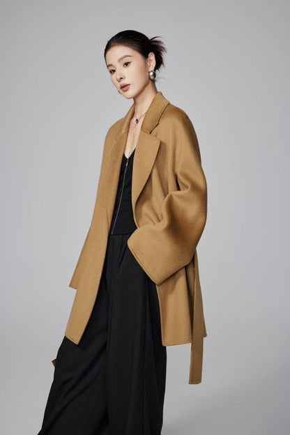Women's Camel Mid - length Robe - style Double - faced Wool Coat | Petite - Friendly, High - end Elegance - 幽兹