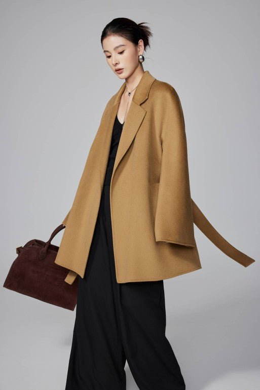 Women's Camel Mid - length Robe - style Double - faced Wool Coat | Petite - Friendly, High - end Elegance - 幽兹