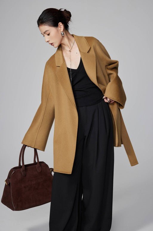 Women's Camel Mid - length Robe - style Double - faced Wool Coat | Petite - Friendly, High - end Elegance - 幽兹