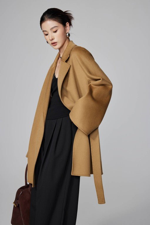 Women's Camel Mid - length Robe - style Double - faced Wool Coat | Petite - Friendly, High - end Elegance - 幽兹