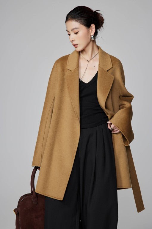 Women's Camel Mid - length Robe - style Double - faced Wool Coat | Petite - Friendly, High - end Elegance - 幽兹