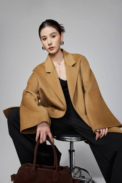 Women's Camel Mid - length Robe - style Double - faced Wool Coat | Petite - Friendly, High - end Elegance - 幽兹