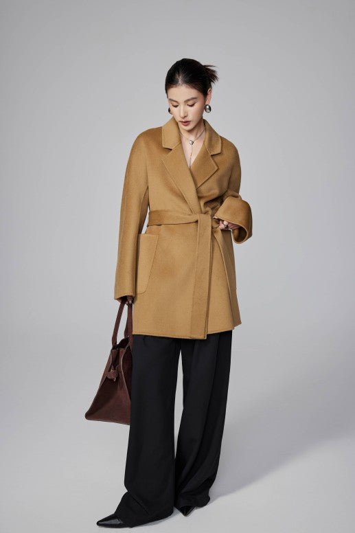 Women's Camel Mid - length Robe - style Double - faced Wool Coat | Petite - Friendly, High - end Elegance - 幽兹