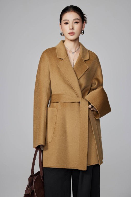 Women's Camel Mid - length Robe - style Double - faced Wool Coat | Petite - Friendly, High - end Elegance - 幽兹