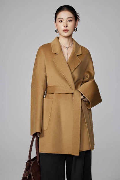 Women's Camel Mid - length Robe - style Double - faced Wool Coat | Petite - Friendly, High - end Elegance - 幽兹