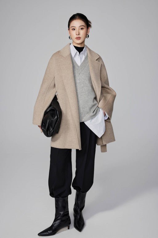 Women's Khaki Mid - length Robe - style Double - faced Wool Coat | Petite - Friendly, High - end Elegance - 幽兹