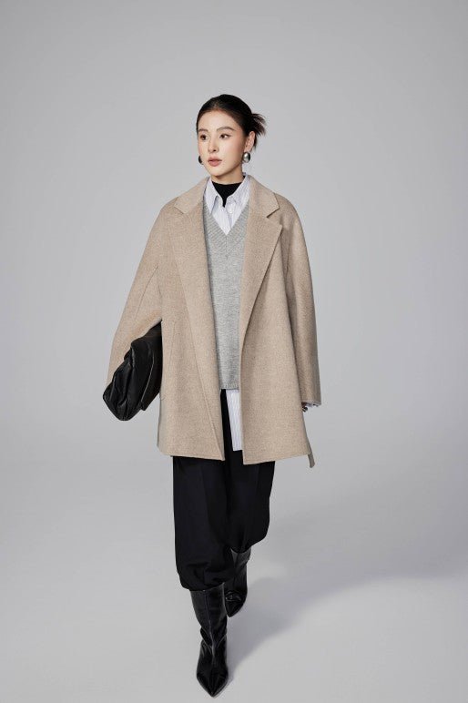Women's Khaki Mid - length Robe - style Double - faced Wool Coat | Petite - Friendly, High - end Elegance - 幽兹