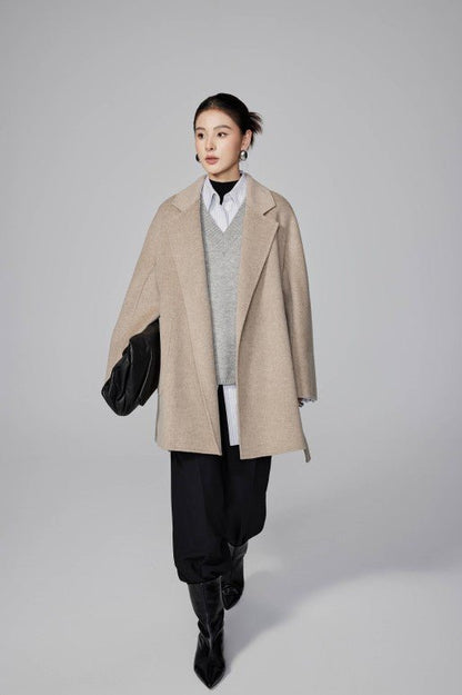 Women's Khaki Mid - length Robe - style Double - faced Wool Coat | Petite - Friendly, High - end Elegance - 幽兹