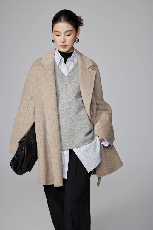 Women's Khaki Mid - length Robe - style Double - faced Wool Coat | Petite - Friendly, High - end Elegance - 幽兹