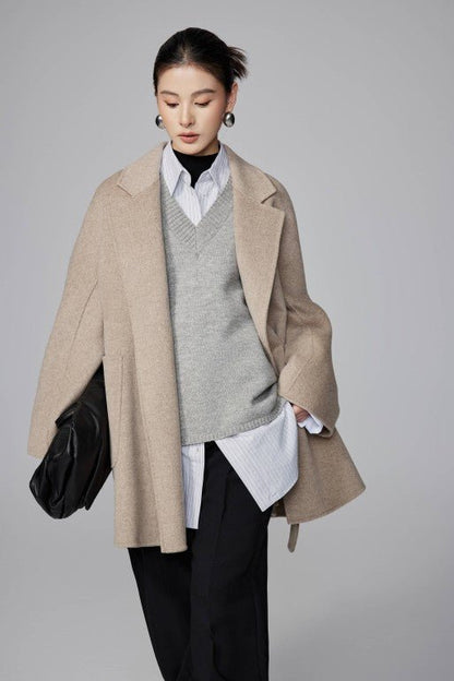 Women's Khaki Mid - length Robe - style Double - faced Wool Coat | Petite - Friendly, High - end Elegance - 幽兹