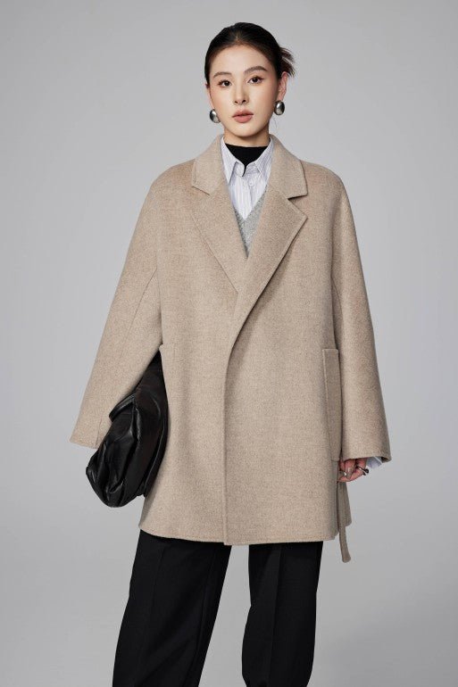 Women's Khaki Mid - length Robe - style Double - faced Wool Coat | Petite - Friendly, High - end Elegance - 幽兹