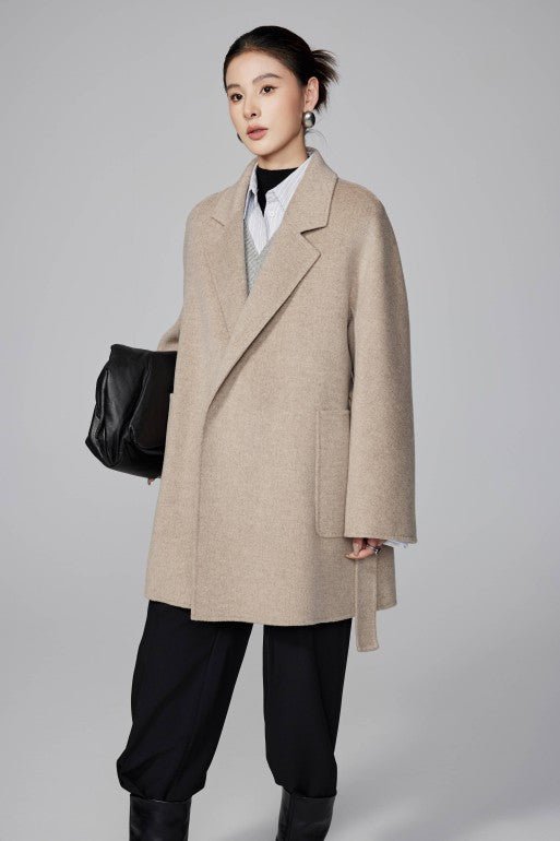 Women's Khaki Mid - length Robe - style Double - faced Wool Coat | Petite - Friendly, High - end Elegance - 幽兹