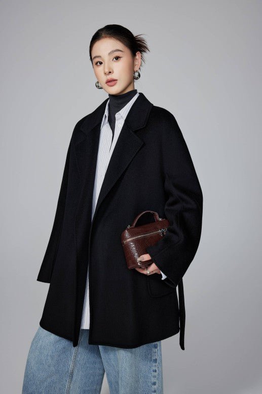 Women's Black Mid - length Robe - style Double - faced Wool Coat | Petite - Friendly, High - end Elegance - 幽兹