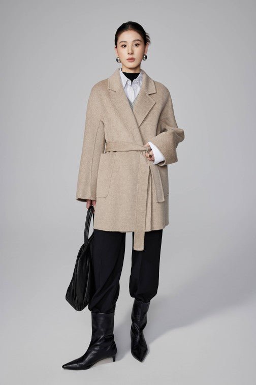 Women's Khaki Mid - length Robe - style Double - faced Wool Coat | Petite - Friendly, High - end Elegance - 幽兹