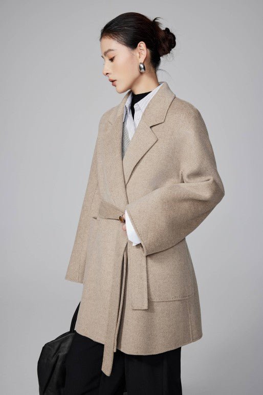 Women's Khaki Mid - length Robe - style Double - faced Wool Coat | Petite - Friendly, High - end Elegance - 幽兹