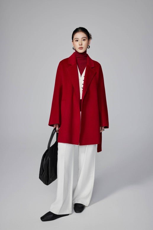 Women's Red Mid - length Robe - style Double - faced Wool Coat | Petite - Friendly, High - end Elegance - 幽兹