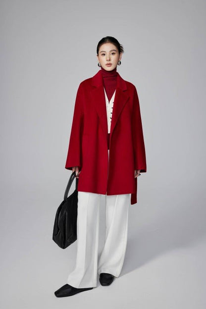 Women's Red Mid - length Robe - style Double - faced Wool Coat | Petite - Friendly, High - end Elegance - 幽兹