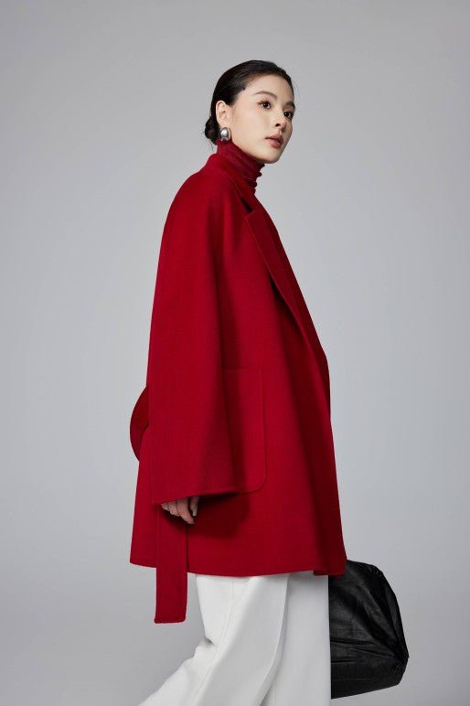 Women's Red Mid - length Robe - style Double - faced Wool Coat | Petite - Friendly, High - end Elegance - 幽兹