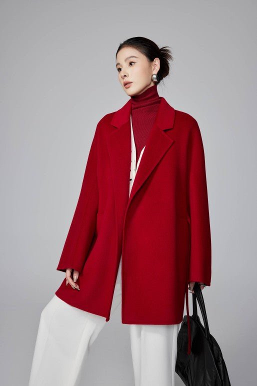 Women's Red Mid - length Robe - style Double - faced Wool Coat | Petite - Friendly, High - end Elegance - 幽兹