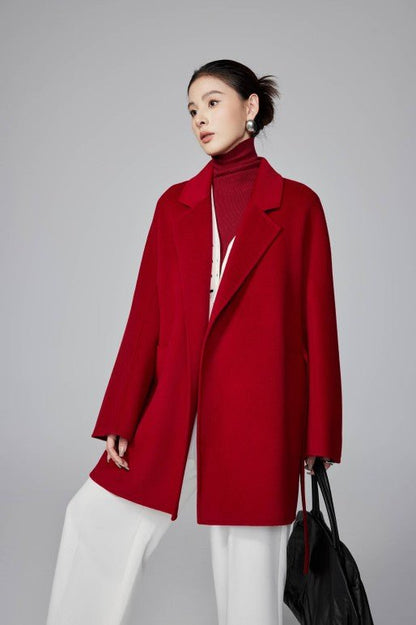 Women's Red Mid - length Robe - style Double - faced Wool Coat | Petite - Friendly, High - end Elegance - 幽兹