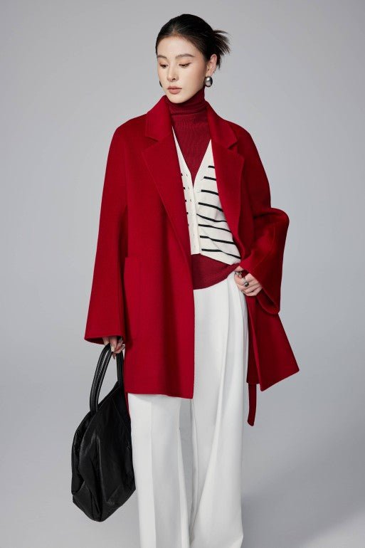 Women's Red Mid - length Robe - style Double - faced Wool Coat | Petite - Friendly, High - end Elegance - 幽兹