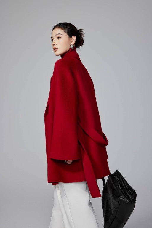Women's Red Mid - length Robe - style Double - faced Wool Coat | Petite - Friendly, High - end Elegance - 幽兹