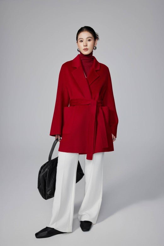 Women's Red Mid - length Robe - style Double - faced Wool Coat | Petite - Friendly, High - end Elegance - 幽兹