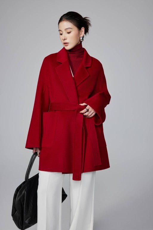 Women's Red Mid - length Robe - style Double - faced Wool Coat | Petite - Friendly, High - end Elegance - 幽兹