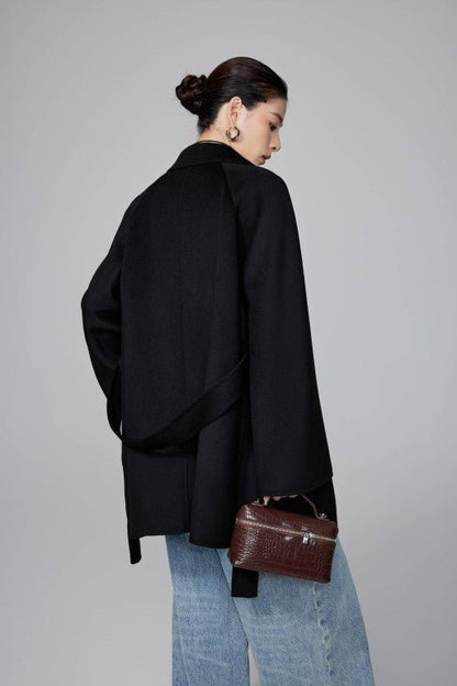 Women's Black Mid - length Robe - style Double - faced Wool Coat | Petite - Friendly, High - end Elegance - 幽兹