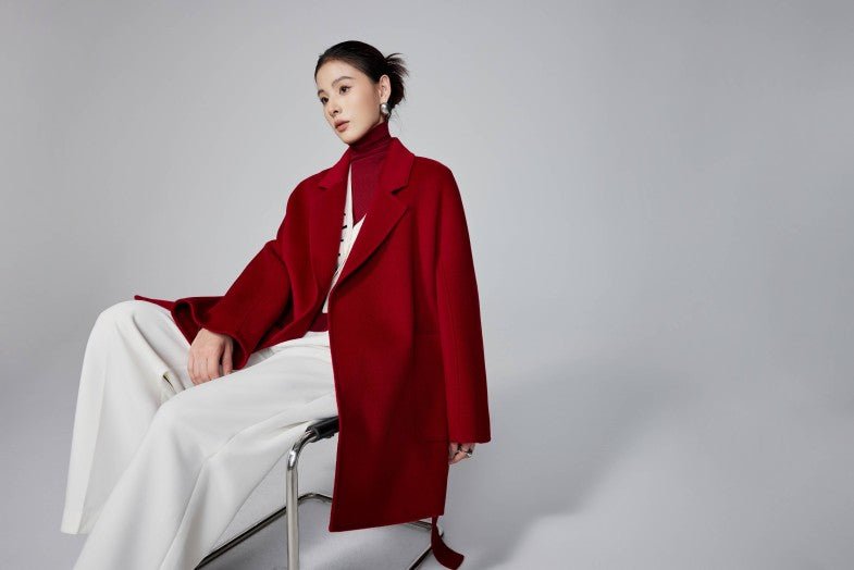 Women's Red Mid - length Robe - style Double - faced Wool Coat | Petite - Friendly, High - end Elegance - 幽兹