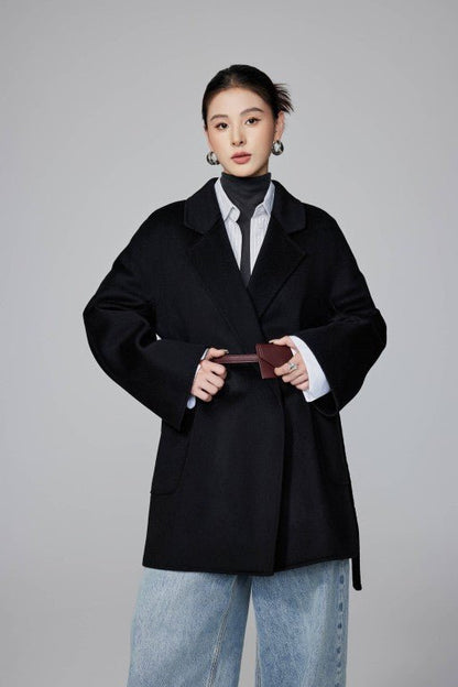 Women's Black Mid - length Robe - style Double - faced Wool Coat | Petite - Friendly, High - end Elegance - 幽兹