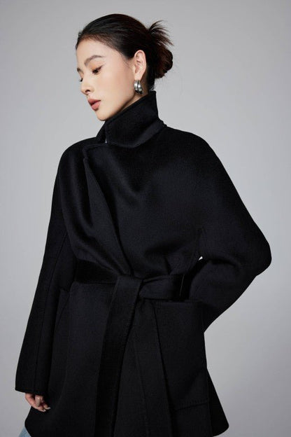 Women's Black Mid - length Robe - style Double - faced Wool Coat | Petite - Friendly, High - end Elegance - 幽兹