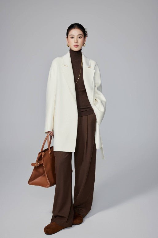 Women's White Mid - length Robe - style Double - faced Wool Coat | Petite - Friendly, High - end Elegance - 幽兹