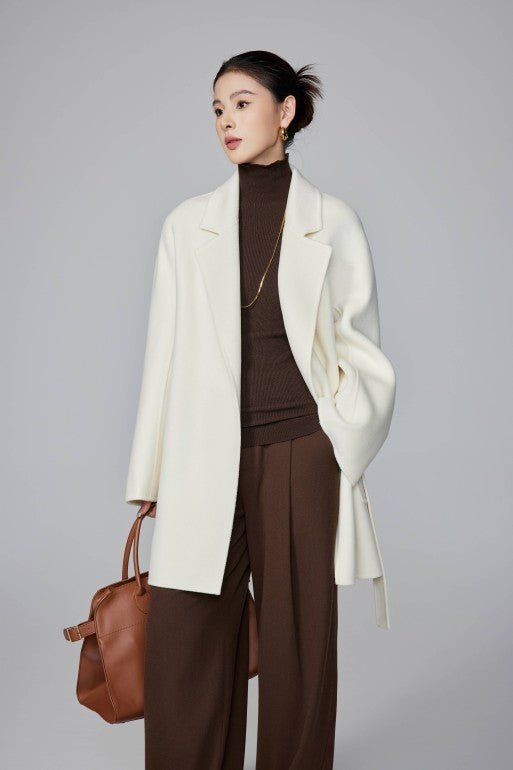 Women's White Mid - length Robe - style Double - faced Wool Coat | Petite - Friendly, High - end Elegance - 幽兹