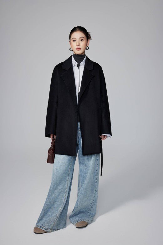 Women's Black Mid - length Robe - style Double - faced Wool Coat | Petite - Friendly, High - end Elegance - 幽兹