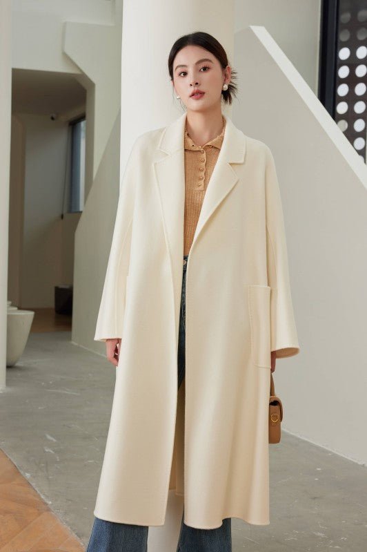 Women's White M Labbro Robe - Style Double - faced Cashmere Coat | Long Belted Woolen Jacket - 幽兹